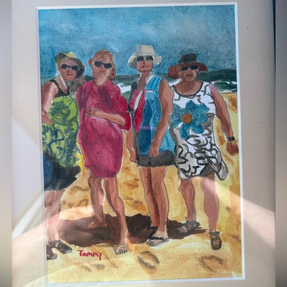 Original Watercolor Ladies Day At The Beach Signed Professional Framed 11x14